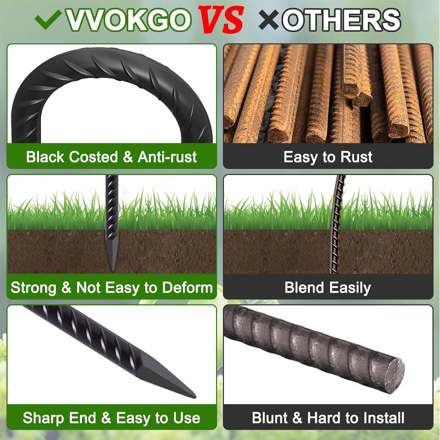 VVOKGO Rebar Stakes 24 Inch J Hook Heavy Duty Ground Anchors (8pcs), 3/8 Inch Diameter Metal Steel Extra Long Fence Stakes with Chisel Point End for Greenhouse, Gazebo, Carport, Camping Tents, Black